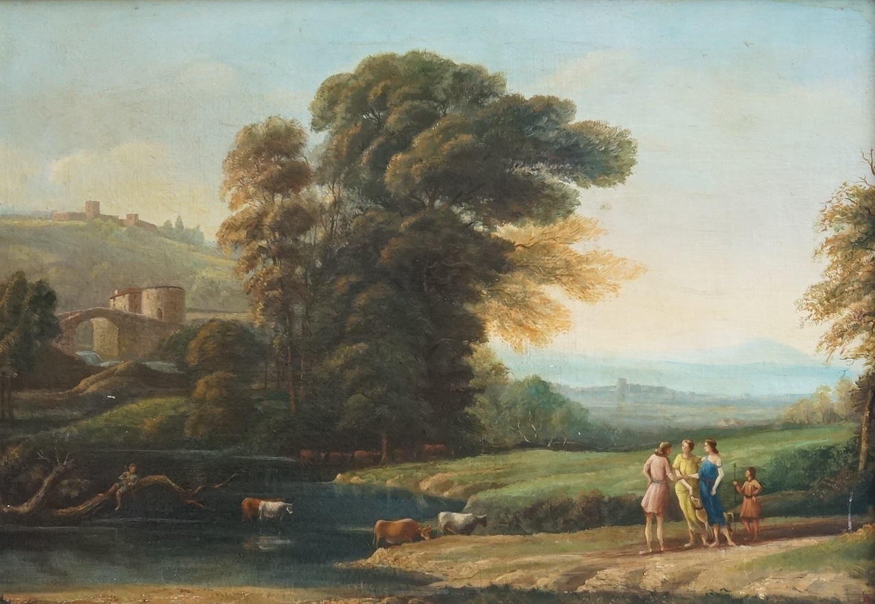 18th century style, Riverscape with cattle and figures, oil on board, 48 x 70cm, ornate frame